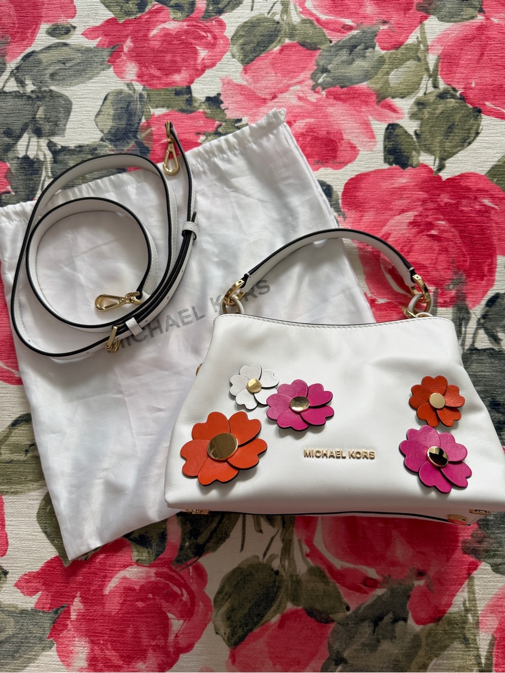 Michael Kors White Floral Appliqué Leather Convertible Crossbody Bag
